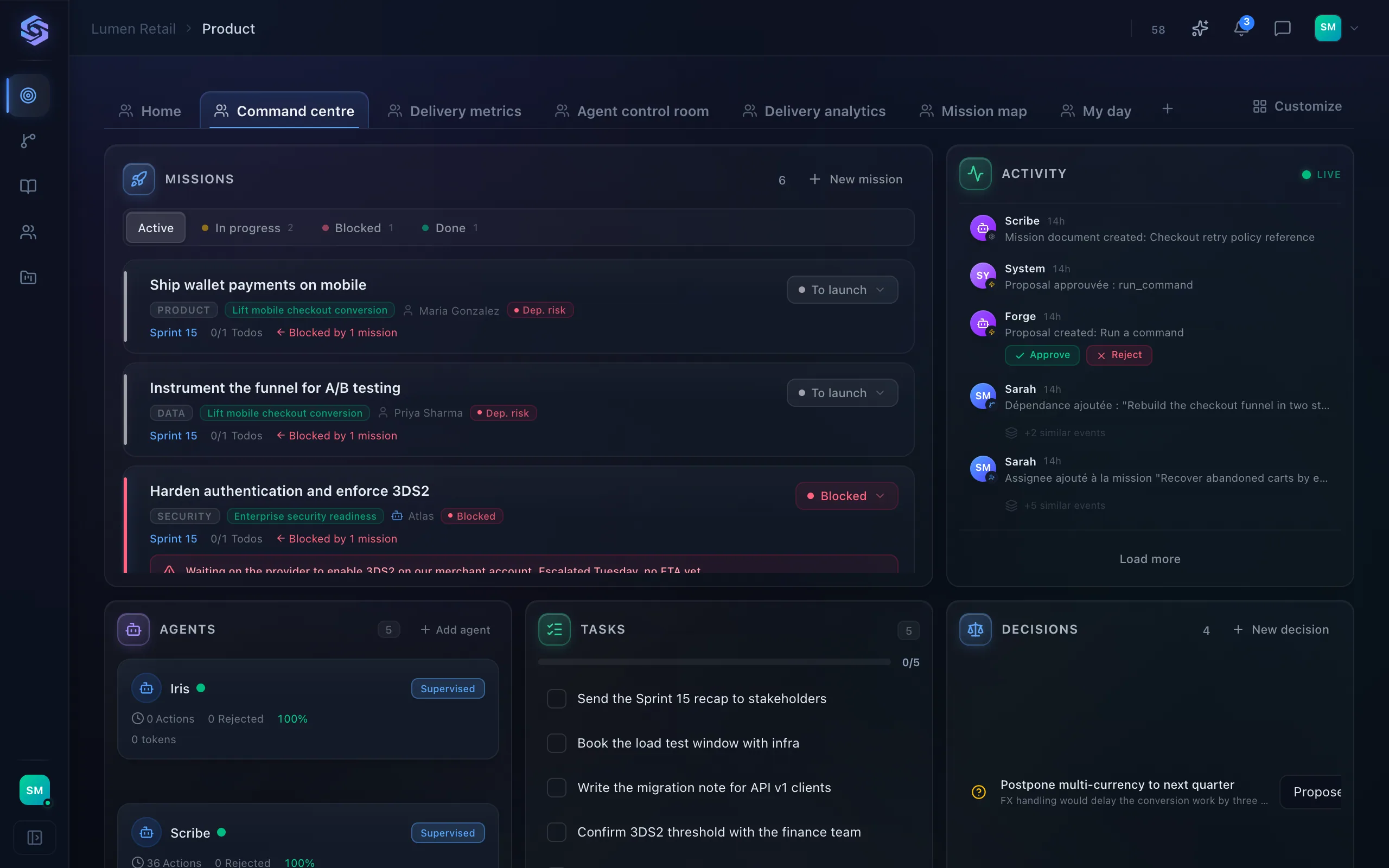 A Stellary cockpit on the demo workspace: mission list with a blocked mission, agents, tasks, decisions and gate latency.